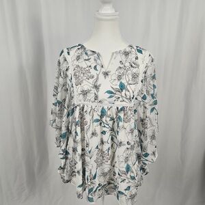 The Room White and Blue Floral Blouse Size Small